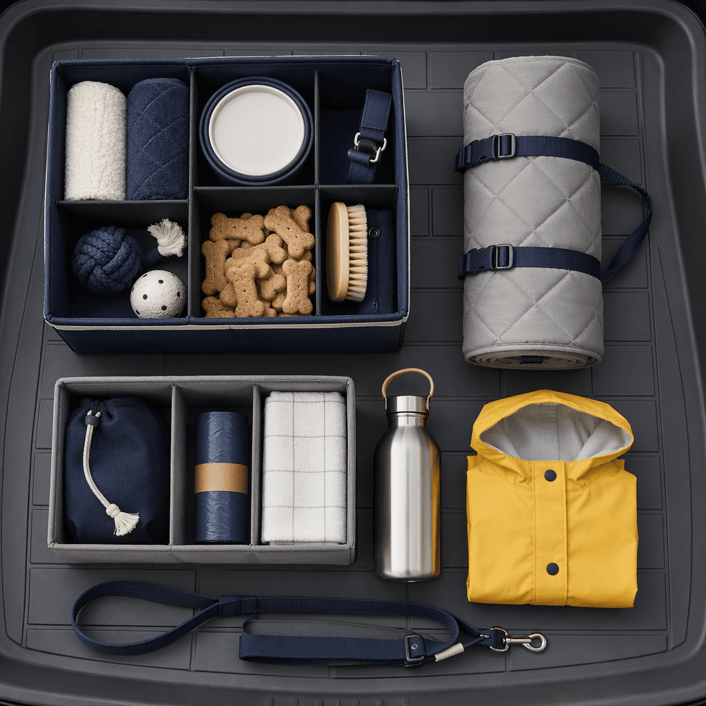 A divided boot organiser with seat protector, water bottle and cleanup bags ready to load.