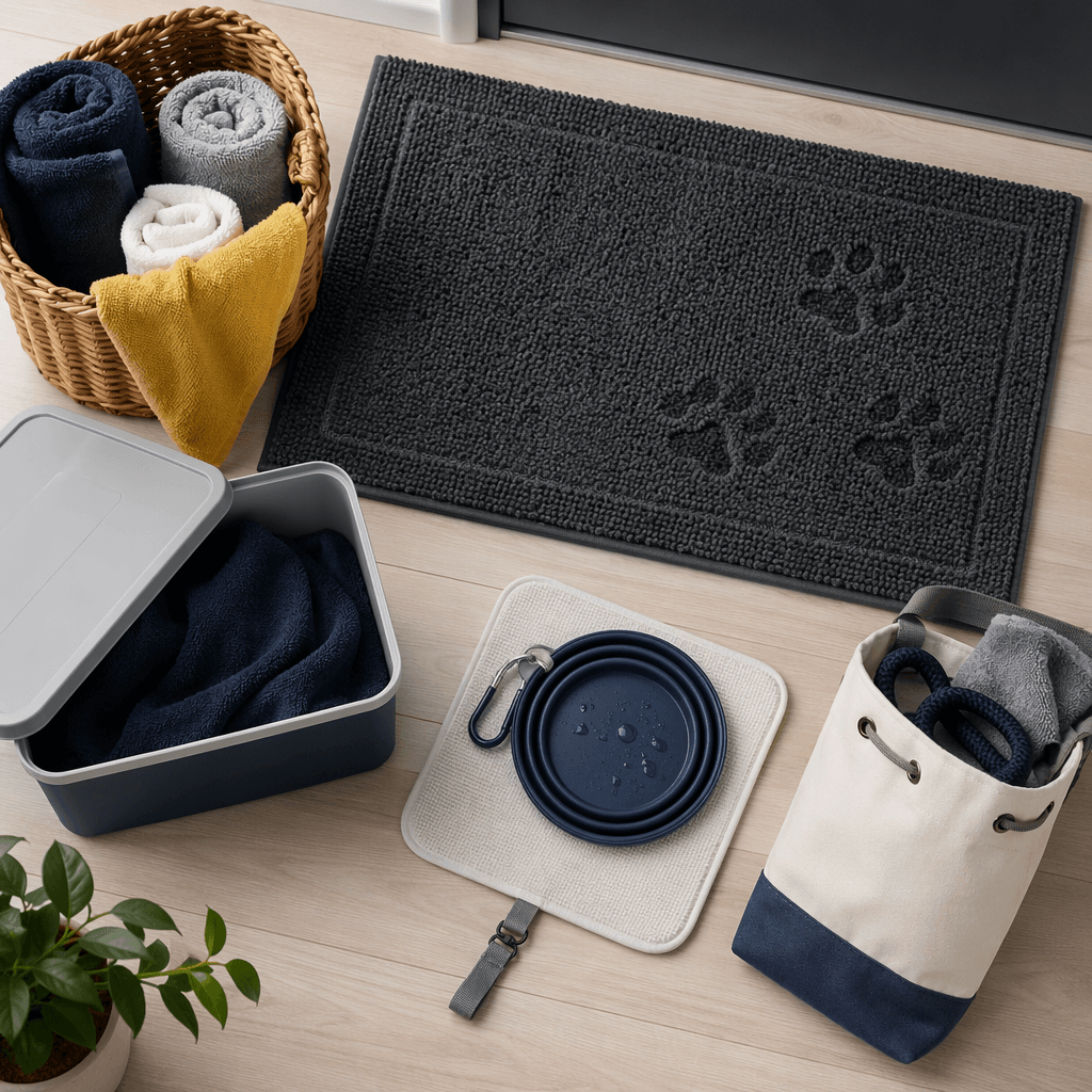 A hallway cleanup zone with doormat, towel basket and a lidded box for wet items.