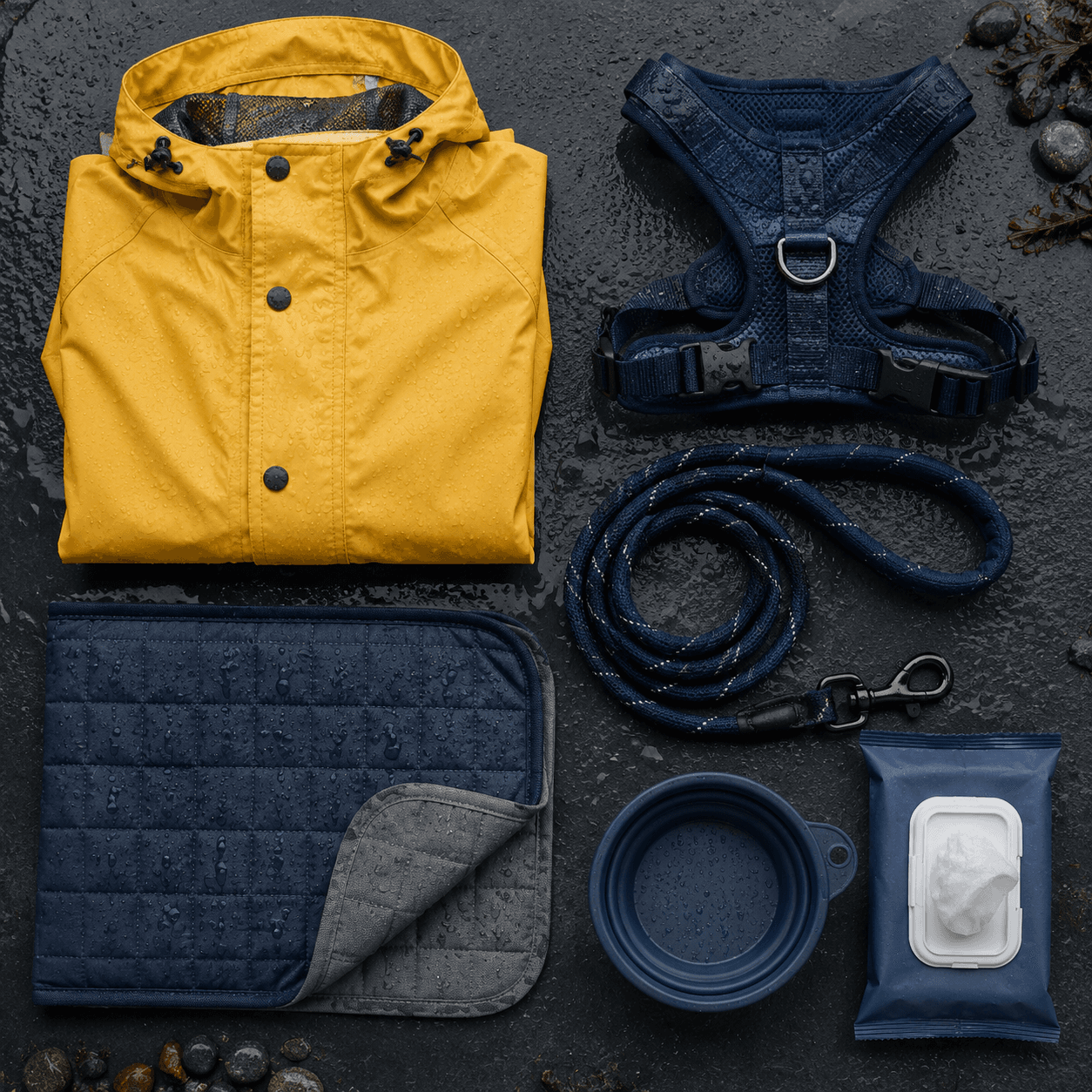 Yellow rain layer, navy leash gear and a wipeable mat staged for a wet promenade loop.